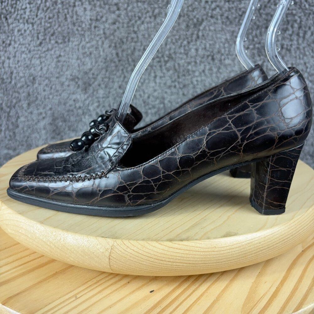 Stuart Weitzman Heels Womens 7 Brown Leather Alligator Print Square Toe Shoes